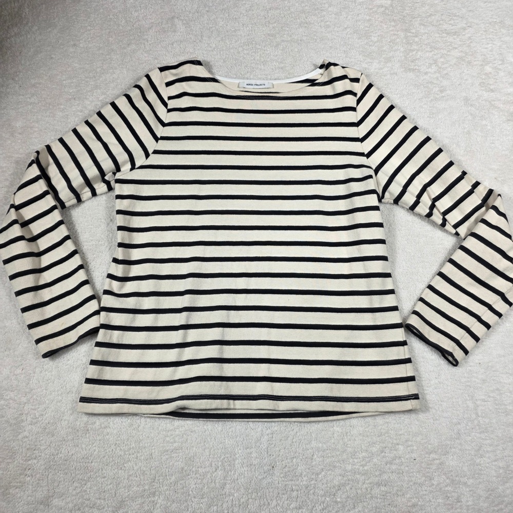 Norse Projects Inge Classic Stripe Top Womens XL Cream Navy Boat Neck Cotton Tee